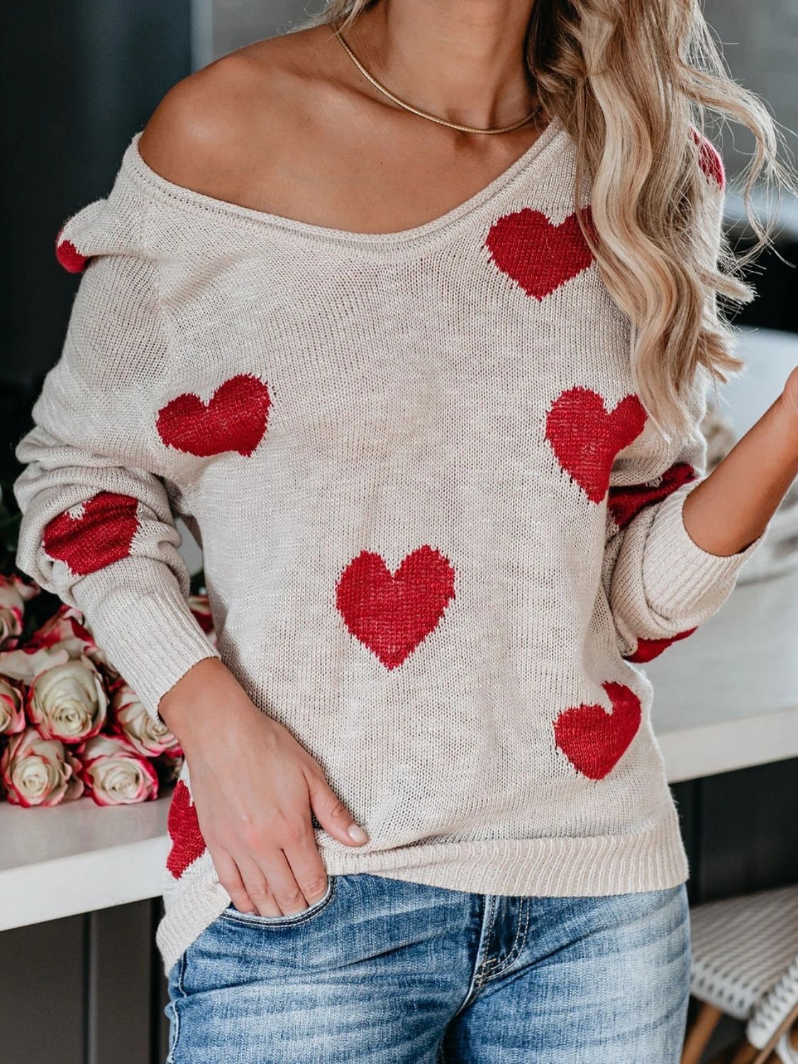 Heart Scoop Neck Long Sleeve Sweater-TOPS / DRESSES-[Adult]-[Female]-2022 Online Blue Zone Planet