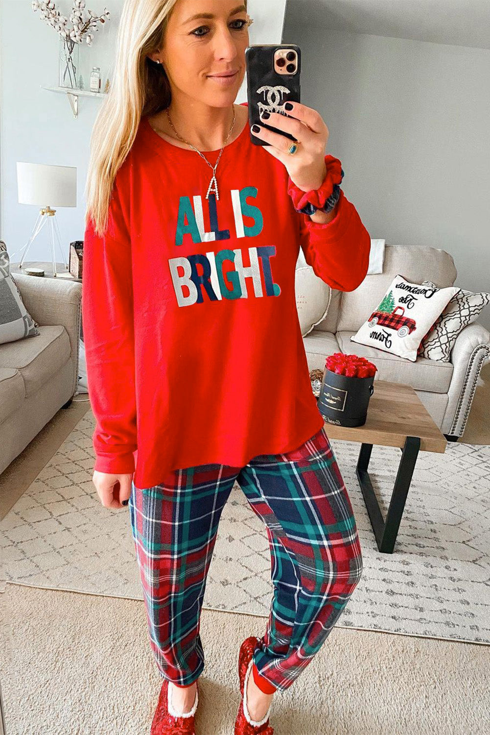 Multicolor ALL IS BRIGHT Graphic Christmas Plaid Pajamas Set-Loungewear & Sleepwear/Loungewear-[Adult]-[Female]-2022 Online Blue Zone Planet