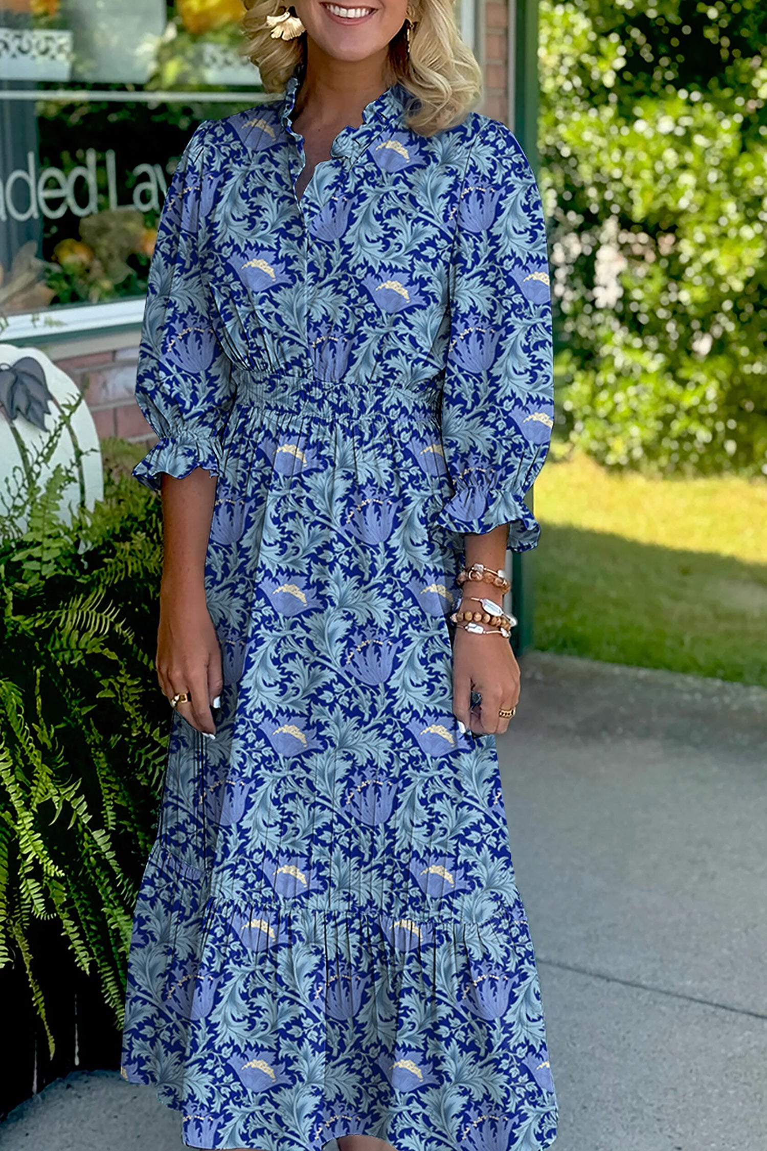 Brown Floral Printed Frilled V Neck Bracelet Sleeve Long Dress-Bracelet-[Adult]-[Female]-2022 Online Blue Zone Planet