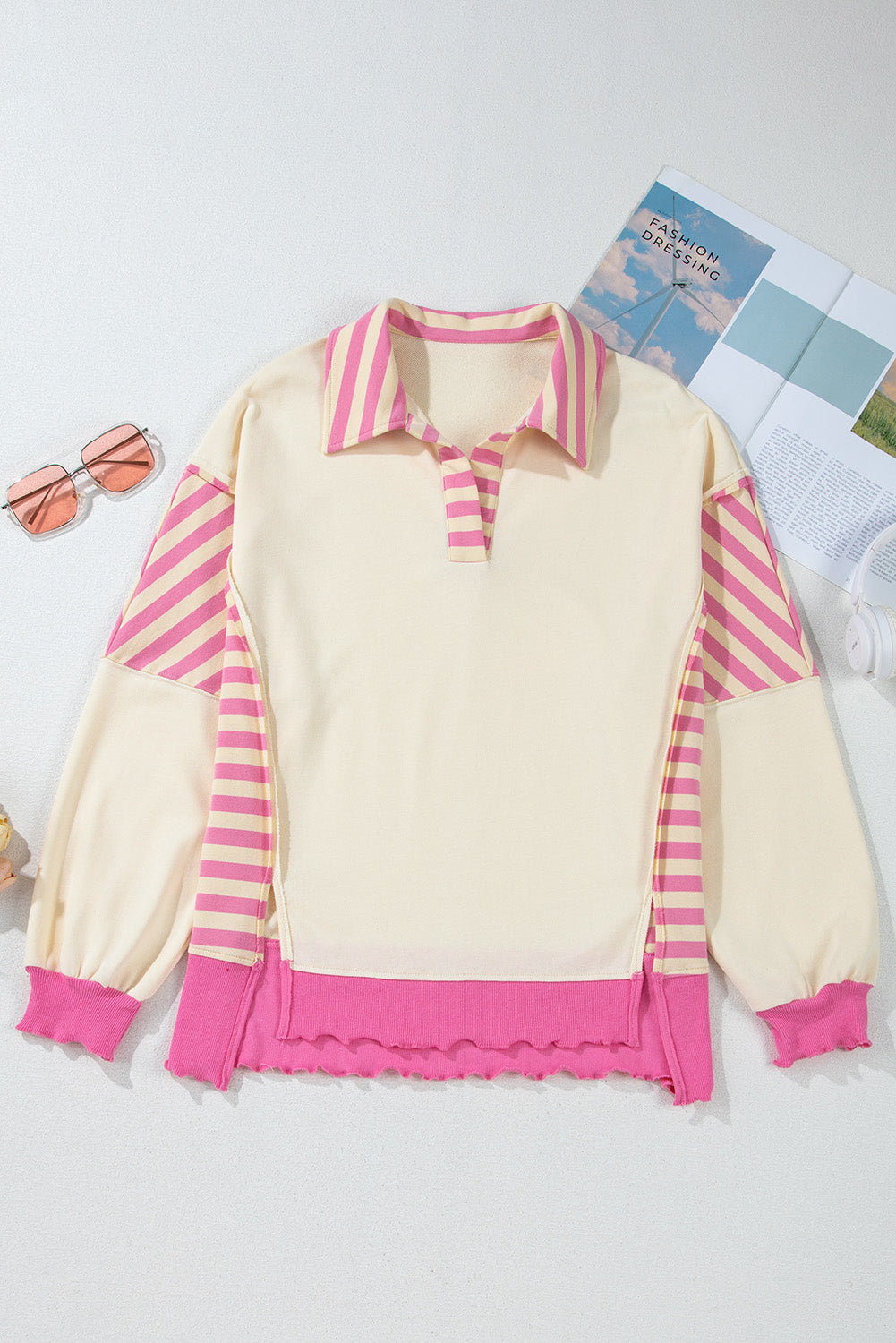 Blue Zone Planet | Pink Stripe Colorblock Patchwork Collared French Terry Knit Top-Tops/Blouses & Shirts-[Adult]-[Female]-2022 Online Blue Zone Planet