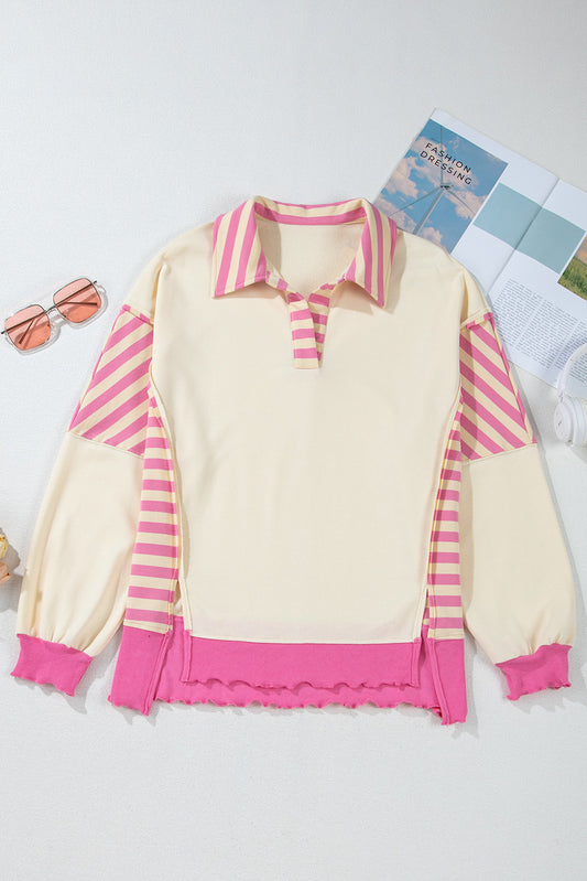 Blue Zone Planet | Pink Stripe Colorblock Patchwork Collared French Terry Knit Top-Tops/Blouses & Shirts-[Adult]-[Female]-2022 Online Blue Zone Planet