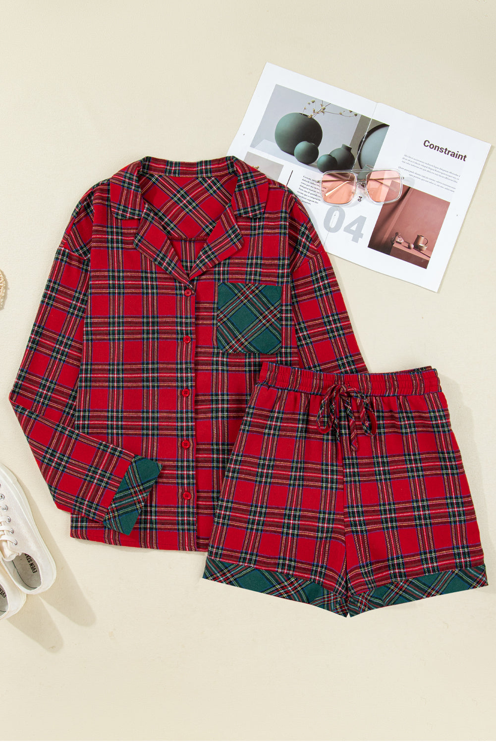 Green Plaid Christmas Holiday Patchwork Long Sleeve Shirt and Shorts Pajama Set-Loungewear Set-[Adult]-[Female]-2022 Online Blue Zone Planet