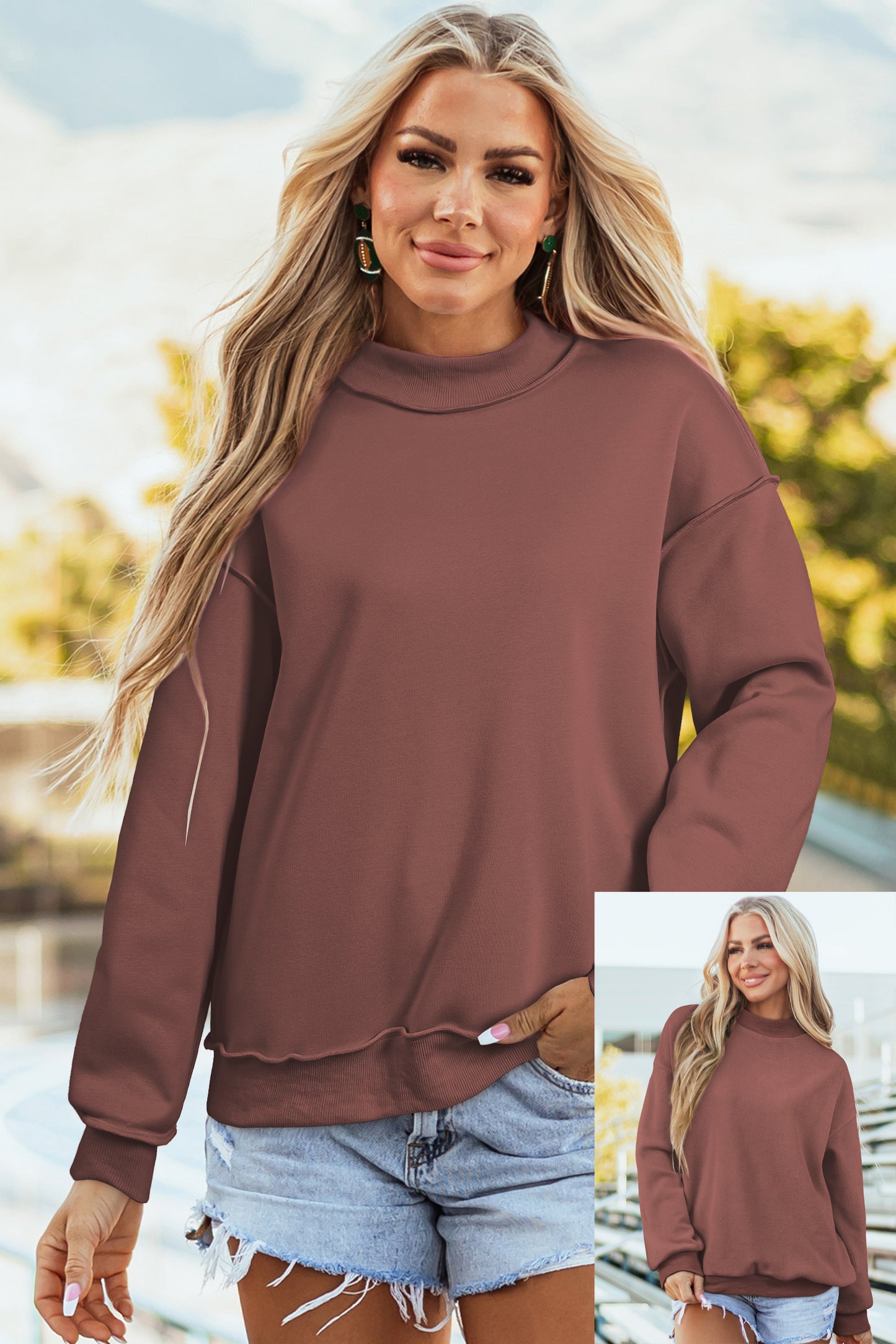 Red Dahlia Oversize Drop Shoulder Reversible Mock Neck Sweatshirt-Tops/Sweatshirts & Hoodies-[Adult]-[Female]-2022 Online Blue Zone Planet