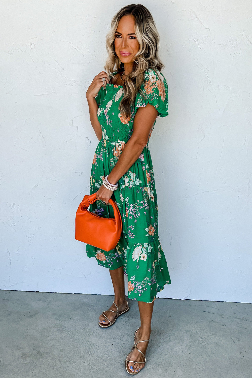 Blue Zone Planet |  Green Floral Print Bubble Sleeve Smocked Tiered Midi Dress Blue Zone Planet