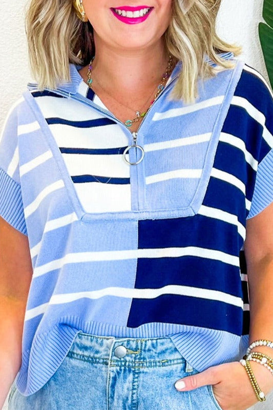 Blue Zone Planet | Sky Blue Stripe Colorblock Quarter Zip Collar Sweater Vest-Sweaters & Cardigans/Sweater Vests-[Adult]-[Female]-Sky Blue Stripe-S-2022 Online Blue Zone Planet