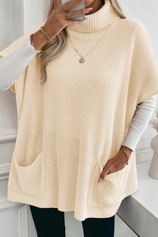 Jet Stream Plain Knit Casual Turtleneck Short Sleeve Tunic Sweater with Pockets-TOPS / DRESSES-[Adult]-[Female]-Jet Stream-S-2022 Online Blue Zone Planet