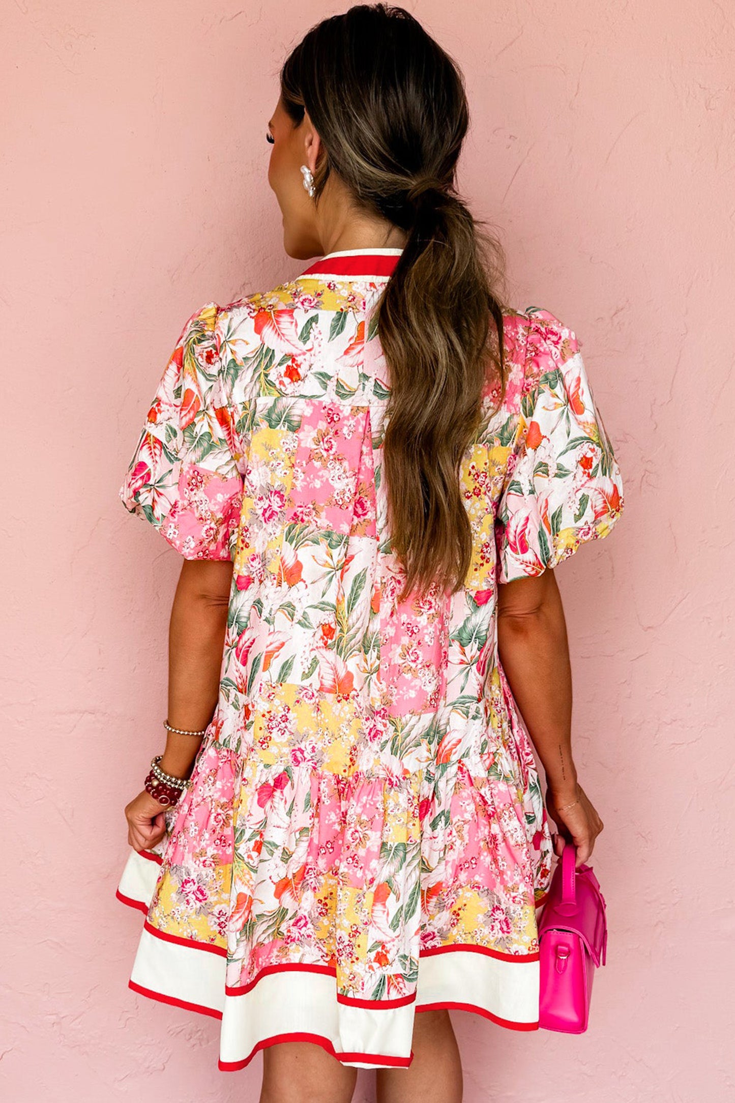 Pink Color Block Floral Print Contrast Trim V Neck Ruffle Hem Mini Dress-TOPS / DRESSES-[Adult]-[Female]-2022 Online Blue Zone Planet