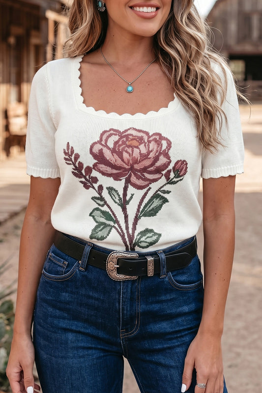 White Western Floral Print Short Sleeve Square Collar Knit Sweater-Sweaters & Cardigans/Short Sleeve Sweaters-[Adult]-[Female]-White-S-2022 Online Blue Zone Planet