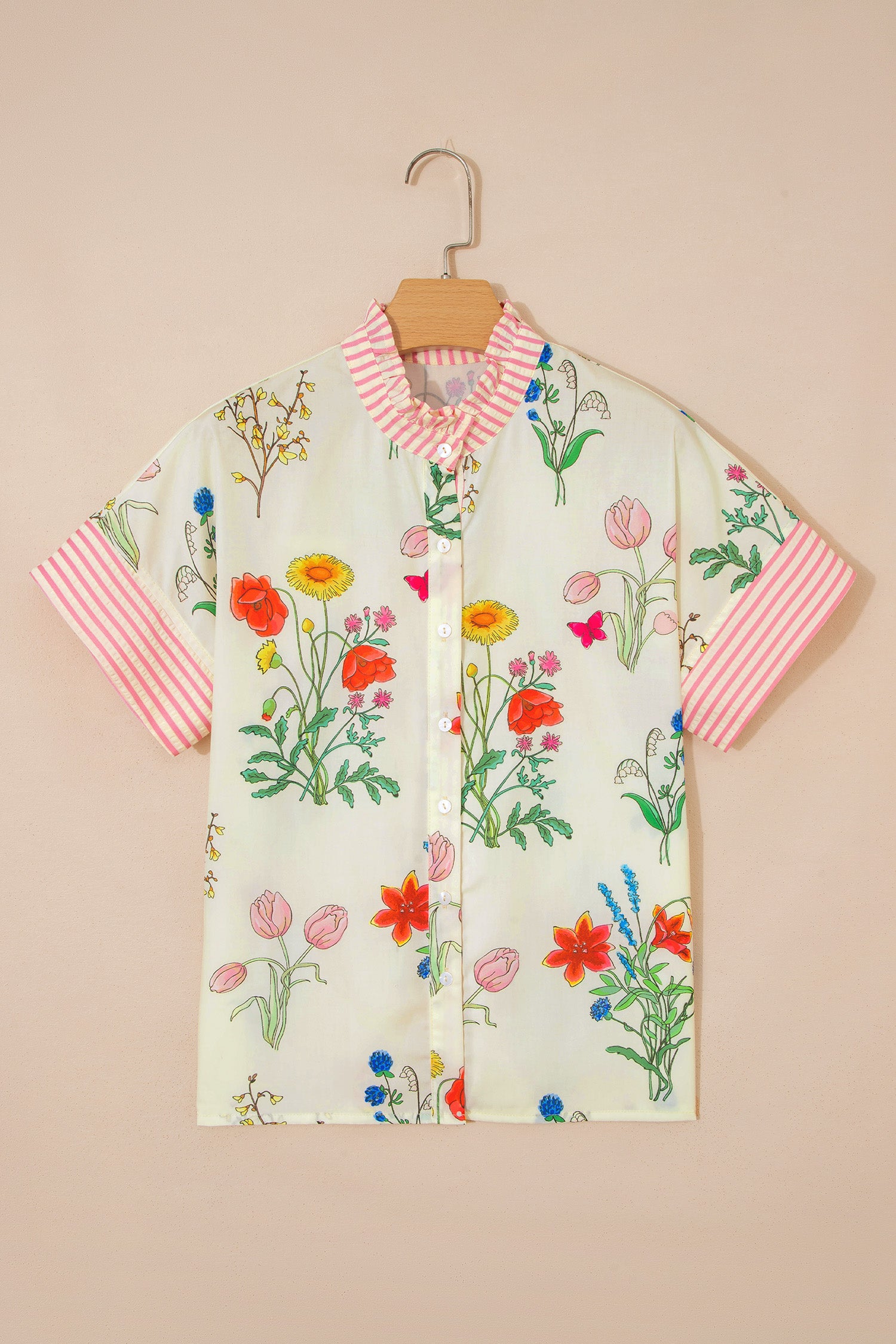 Beige Floral Striped Patchwork Ruffled Collar Short Sleeve Shirt-Tops/Blouses & Shirts-[Adult]-[Female]-2022 Online Blue Zone Planet