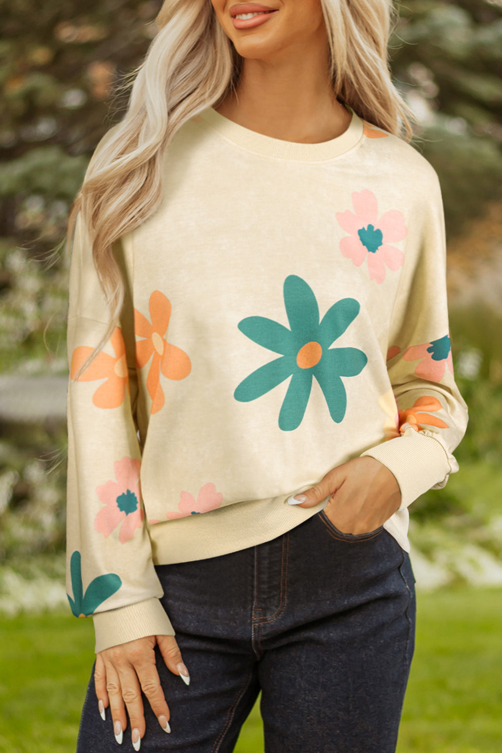 Khaki Mineral Washed French Terry Flower Print Sweatshirt-Tops/Sweatshirts & Hoodies-[Adult]-[Female]-2022 Online Blue Zone Planet