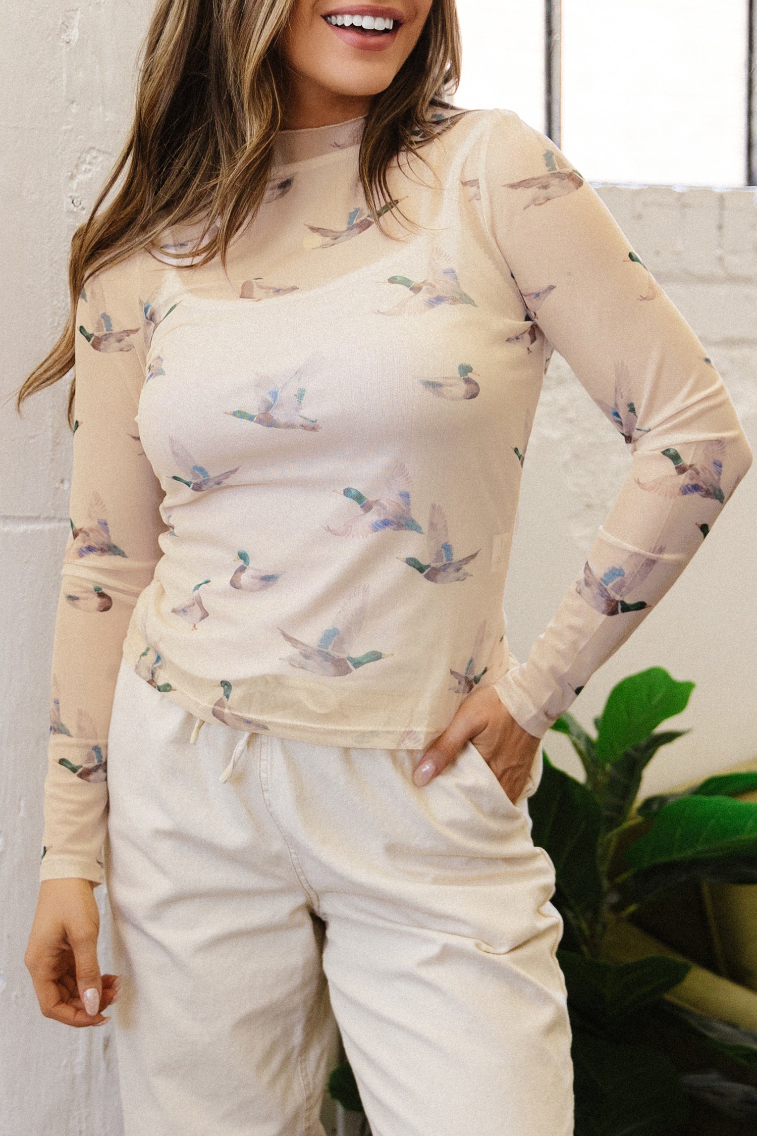 Beige Western Print Mesh High Neck Long Sleeve Sheath Top-Tops/Long Sleeve Tops-[Adult]-[Female]-2022 Online Blue Zone Planet