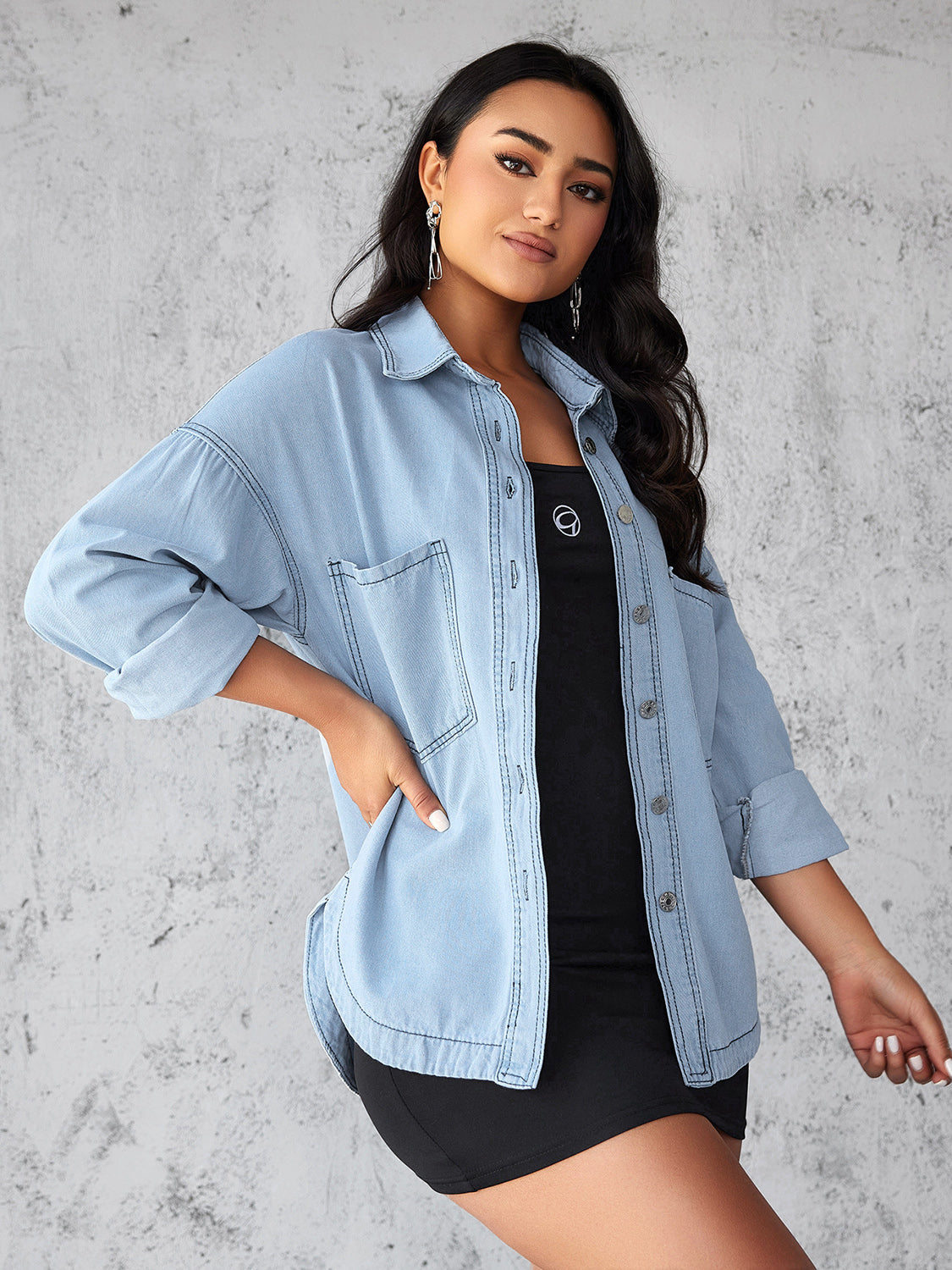 Collared Neck Button Up Long Sleeve Denim Shirt-TOPS / DRESSES-[Adult]-[Female]-2022 Online Blue Zone Planet