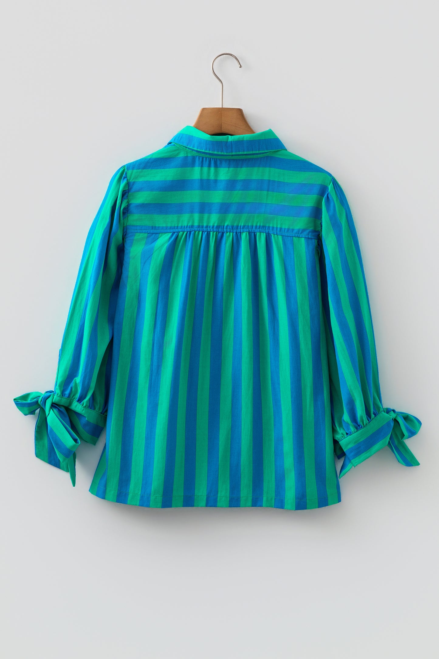 Blue Stripe Tie Puff Sleeve Womens Button Down Shirt-Tops/Blouses & Shirts-[Adult]-[Female]-2022 Online Blue Zone Planet