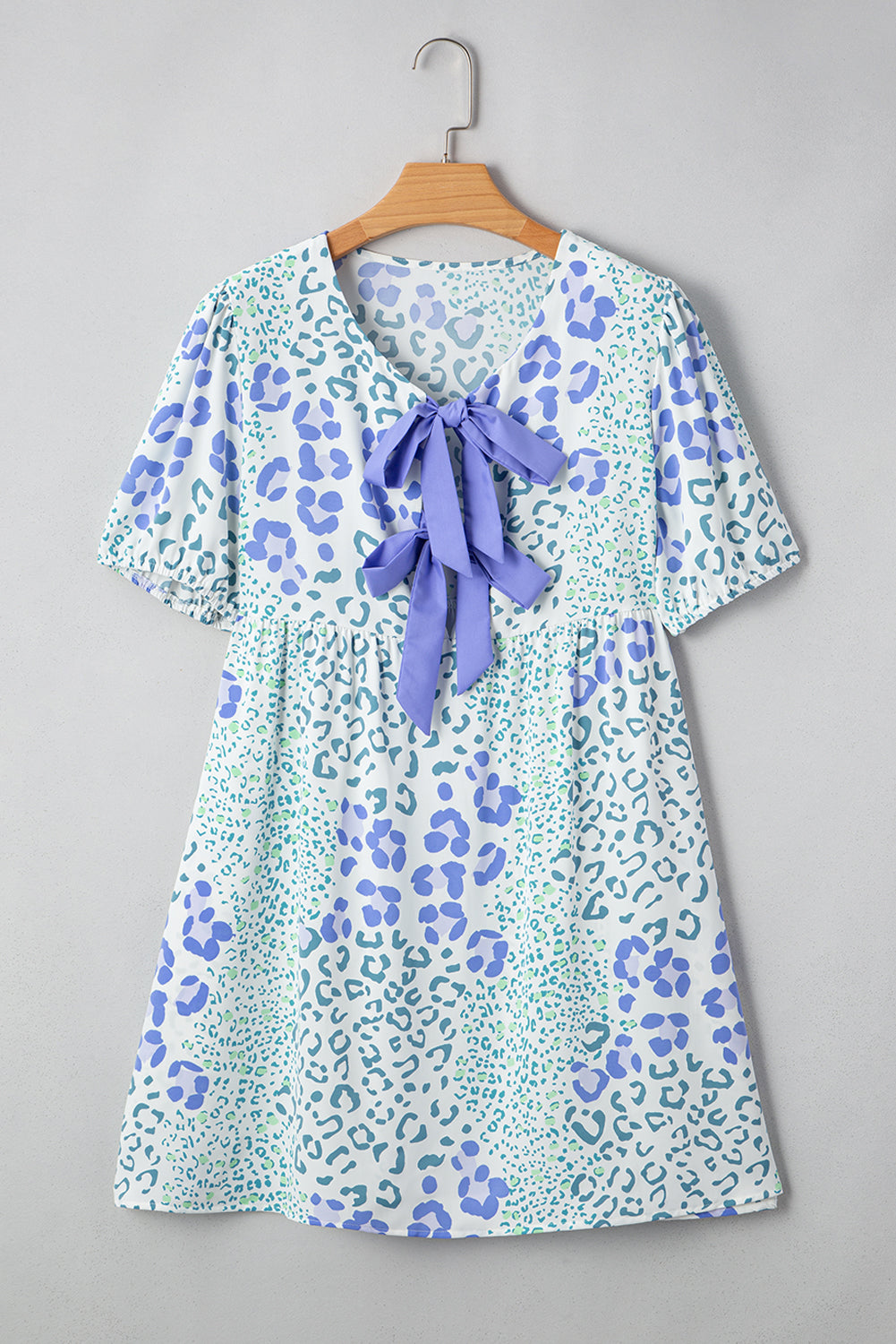 Sky Blue Leopard Contrast Bow Puff Sleeve Mini Dress-TOPS / DRESSES-[Adult]-[Female]-2022 Online Blue Zone Planet