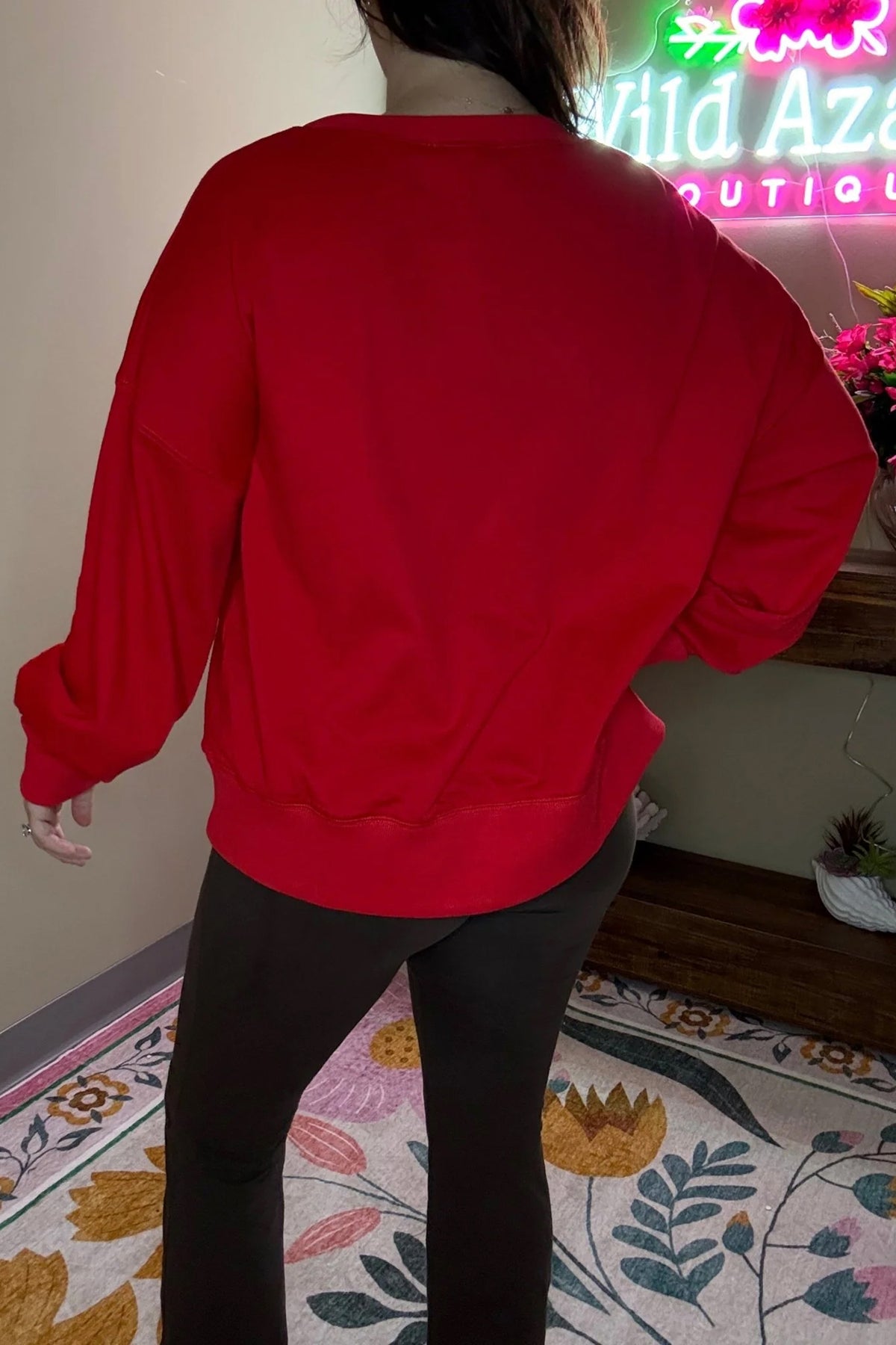 Fiery Red Christmas Embroidered Long Sleeve Casual Round Neck Loose Fit Sweatshirt-Tops/Sweatshirts & Hoodies-[Adult]-[Female]-2022 Online Blue Zone Planet