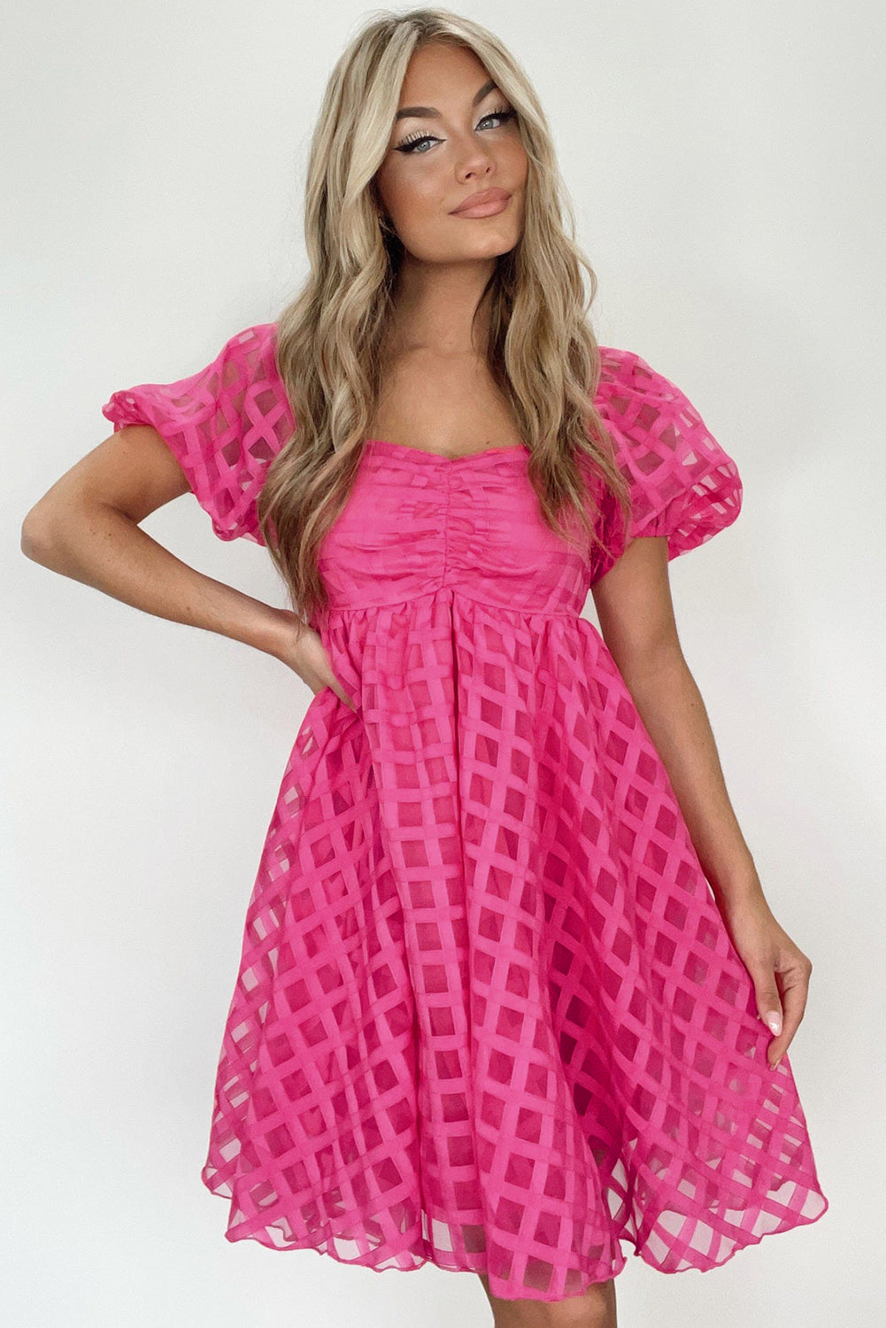 Strawberry Pink Checkered Puff Sleeve Babydoll Dress-TOPS / DRESSES-[Adult]-[Female]-2022 Online Blue Zone Planet