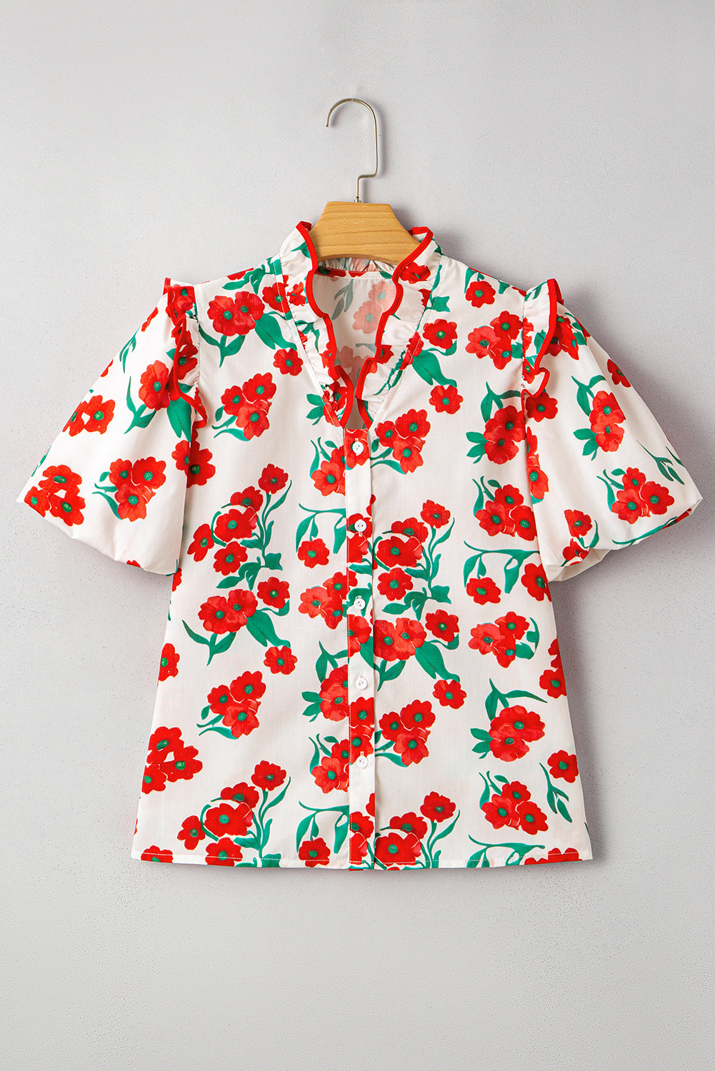 Red Floral Print Ruffled Puff Sleeve Elegant Summer Shirt-Tops/Blouses & Shirts-[Adult]-[Female]-2022 Online Blue Zone Planet
