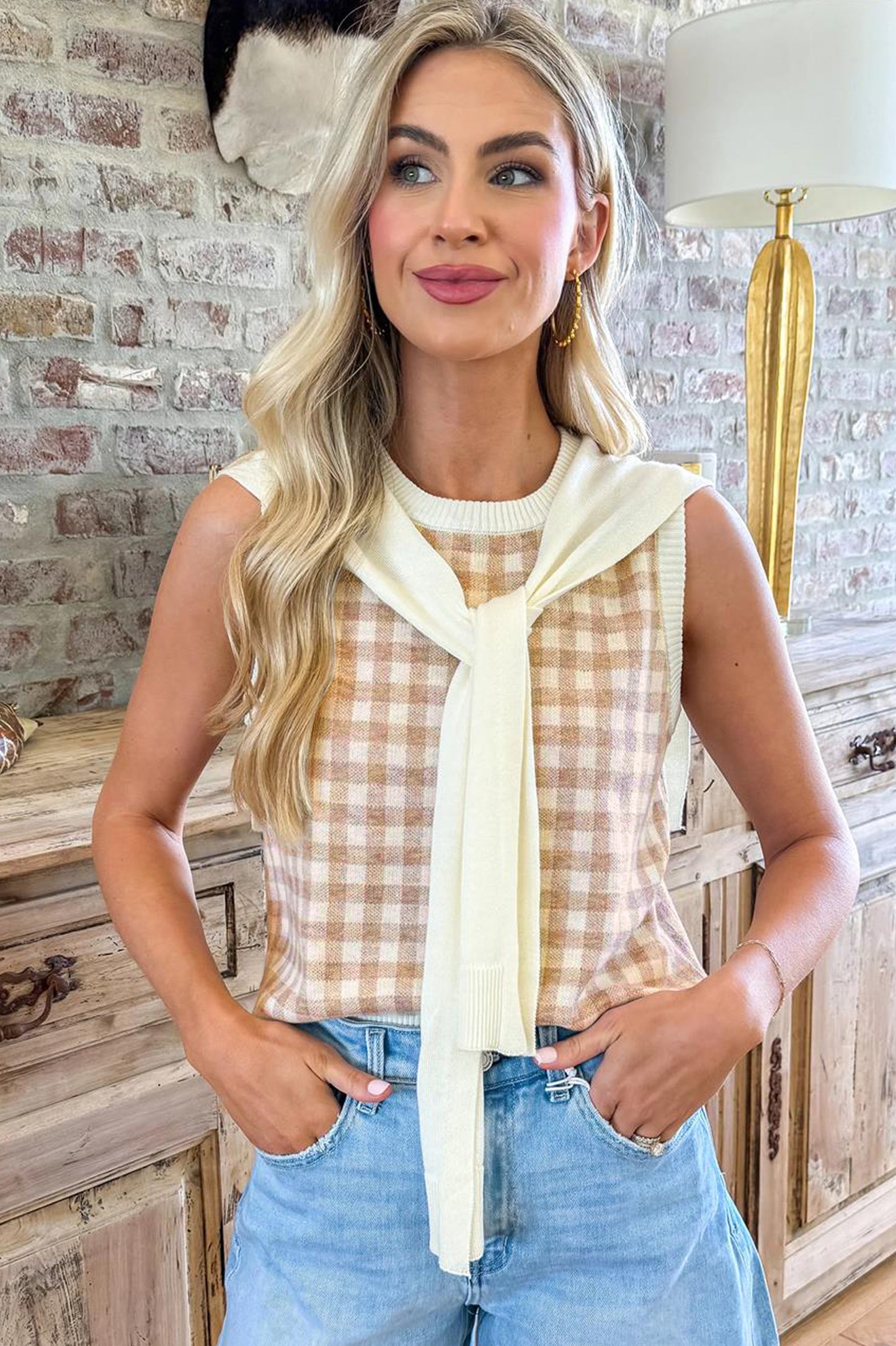 Khaki Gingham Plaid Knit Detachable Shawl Wrap Sweater Tank Top-Sweaters & Cardigans/Sweater Vests-[Adult]-[Female]-2022 Online Blue Zone Planet