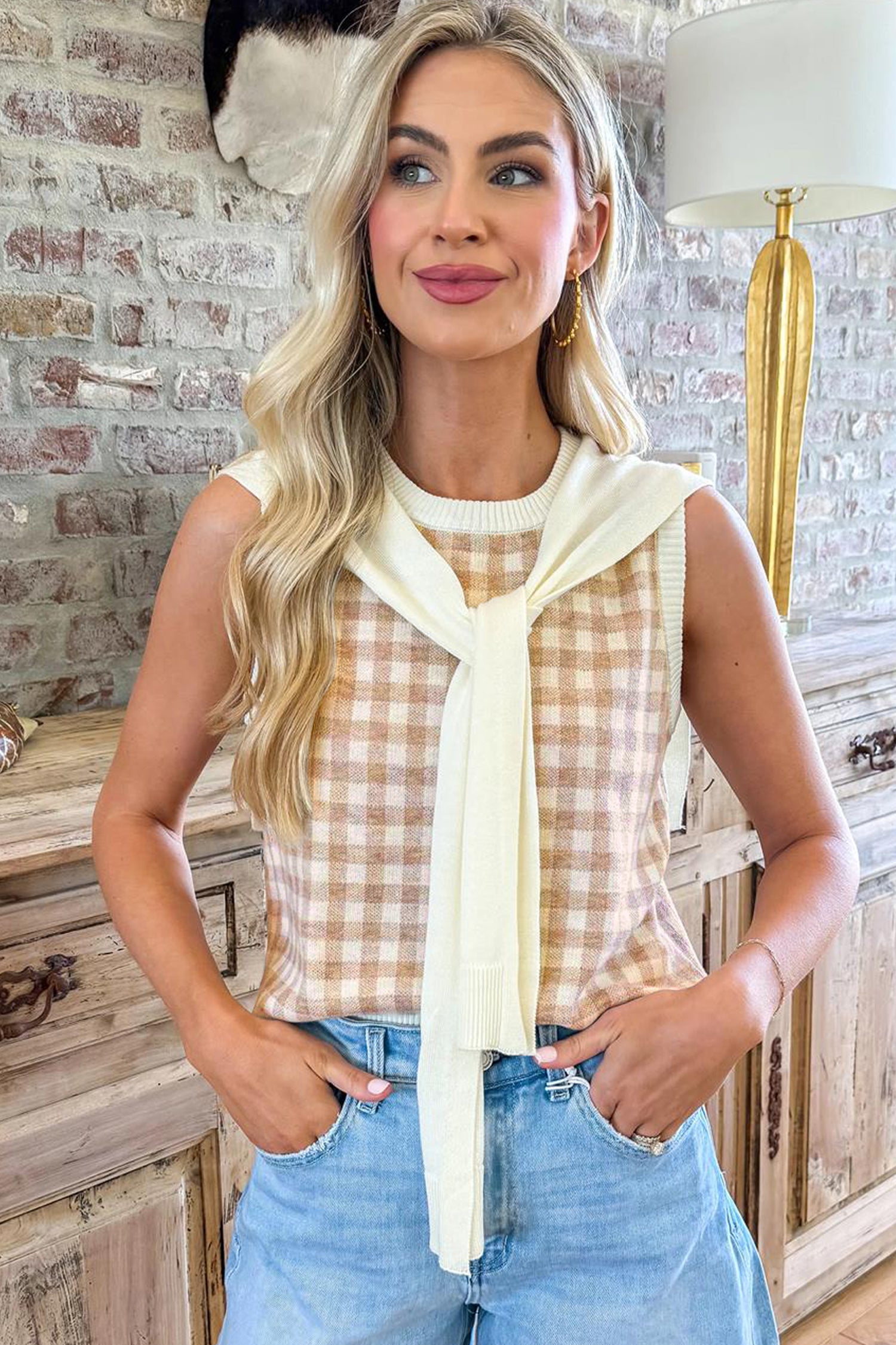 Khaki Gingham Plaid Knit Detachable Shawl Wrap Sweater Tank Top-Sweaters & Cardigans/Sweater Vests-[Adult]-[Female]-2022 Online Blue Zone Planet