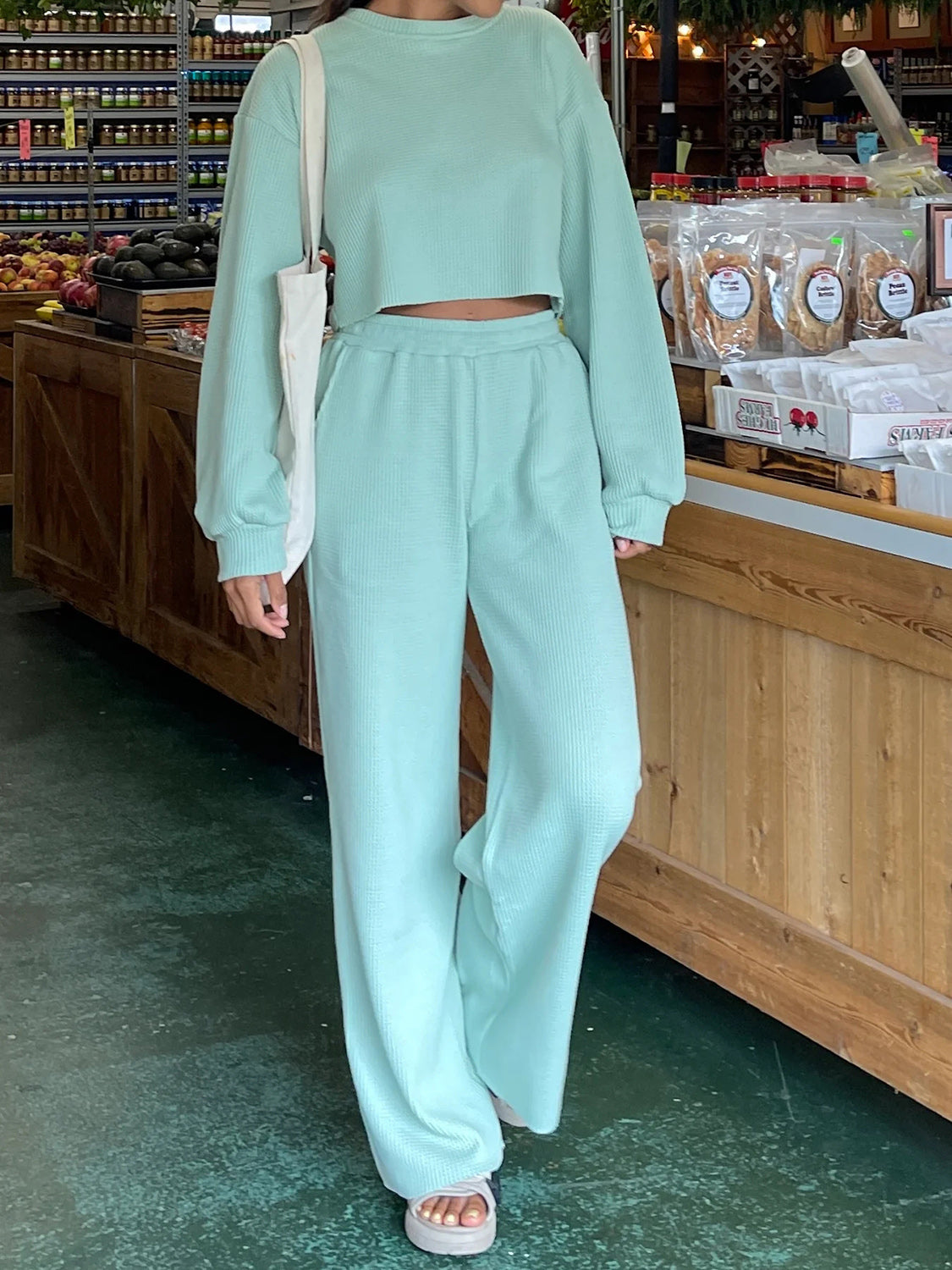 Waffle-Knit Round Neck Top and Pants Set-TOPS / DRESSES-[Adult]-[Female]-Aqua-S-2022 Online Blue Zone Planet