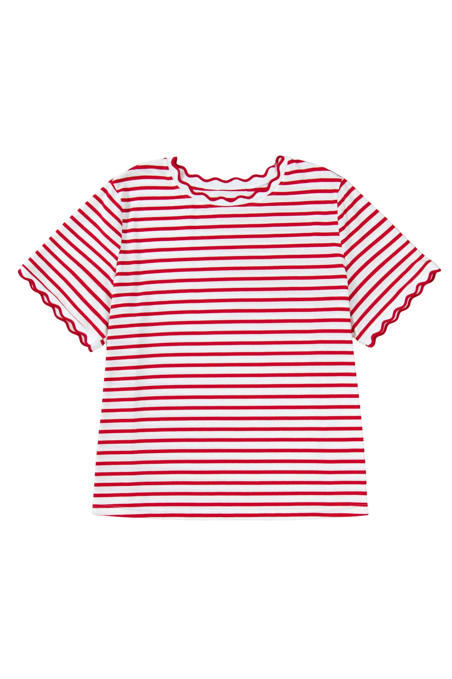 Red Stripe Plus Size Scalloped Trim Round Neck Short Sleeve Top-Plus Size/Plus Size Tops/Plus Size Tops & Tees-[Adult]-[Female]-2022 Online Blue Zone Planet