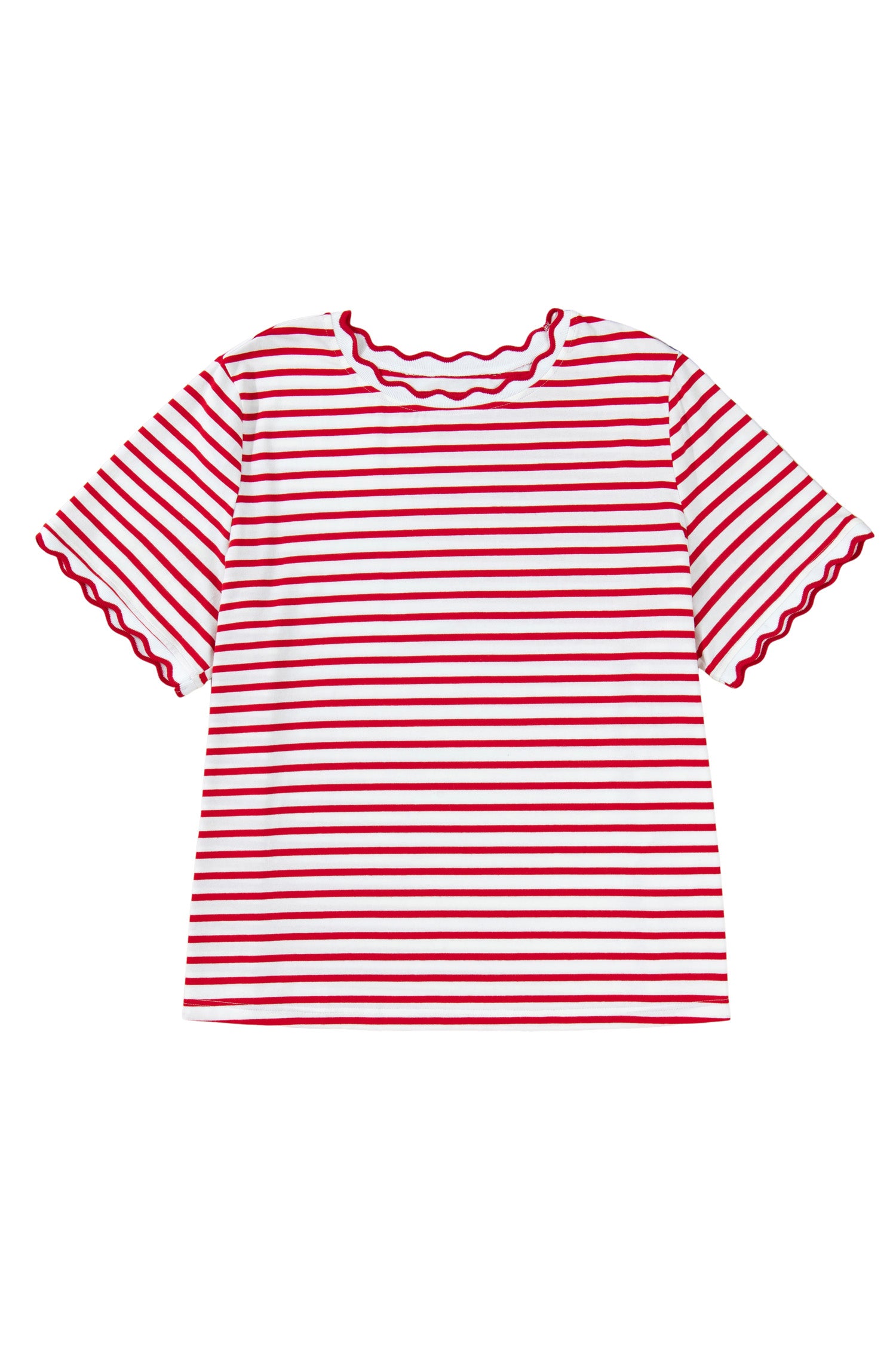 Red Stripe Plus Size Scalloped Trim Round Neck Short Sleeve Top-Plus Size/Plus Size Tops/Plus Size Tops & Tees-[Adult]-[Female]-2022 Online Blue Zone Planet