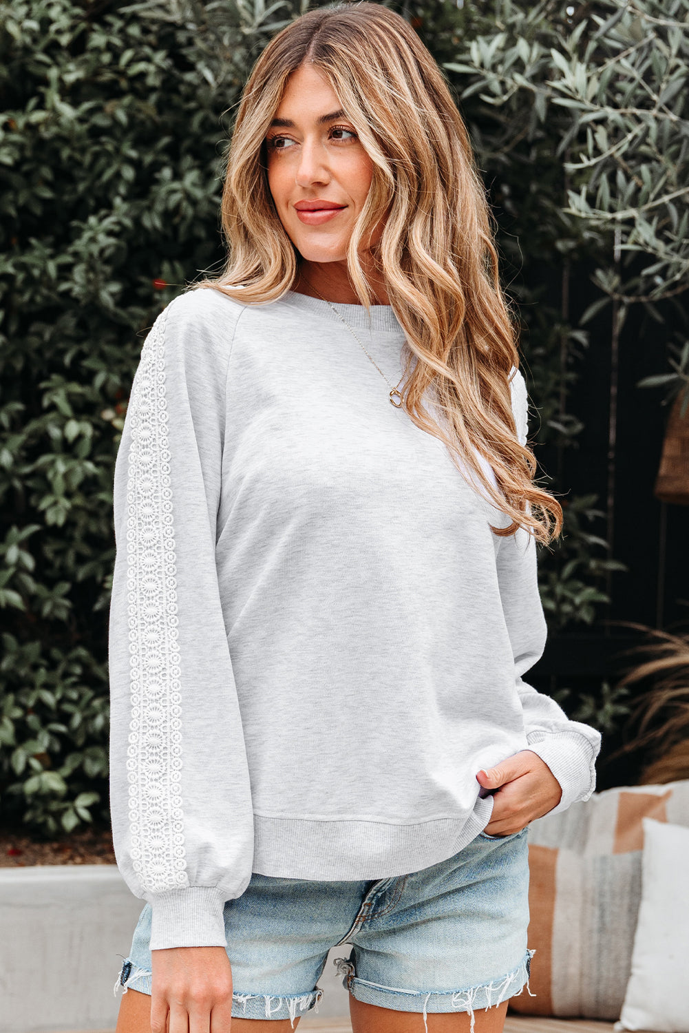 Light Grey Lace Patchwork Raglan Sleeve Crew Neck Sweatshirt-Tops/Sweatshirts & Hoodies-[Adult]-[Female]-2022 Online Blue Zone Planet