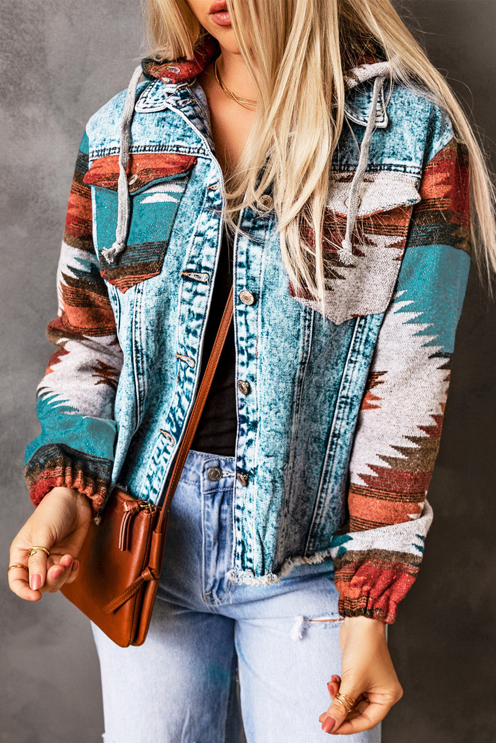 Multicolor Aztec Print Frayed Hem Denim Jacket-Outerwear/Denim jackets-[Adult]-[Female]-2022 Online Blue Zone Planet