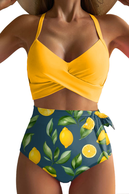 Yellow Crossed Straps Twisted Tropical Print Knot Side High Waist Bottom 2pcs Swimsuit-Swimwear/High Waisted Swimsuit-[Adult]-[Female]-Yellow-S-2022 Online Blue Zone Planet