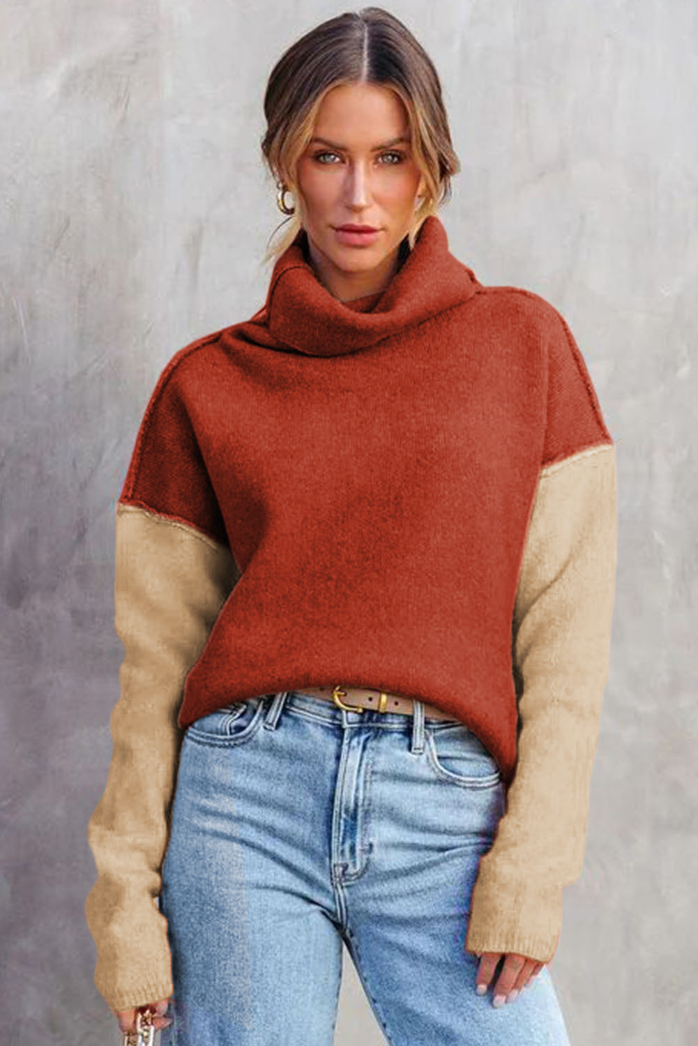 White Color Block Turtle Neck Drop Shoulder Knit Sweater-TOPS / DRESSES-[Adult]-[Female]-2022 Online Blue Zone Planet