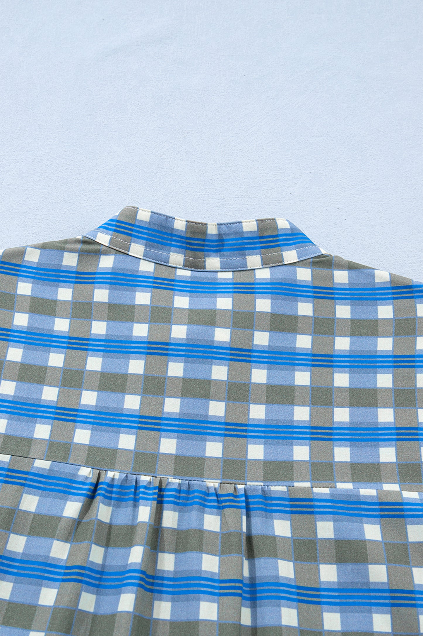 Sky Blue Plaid Long Sleeve Frilled Detail Half Button Blouse-Tops/Blouses & Shirts-[Adult]-[Female]-2022 Online Blue Zone Planet