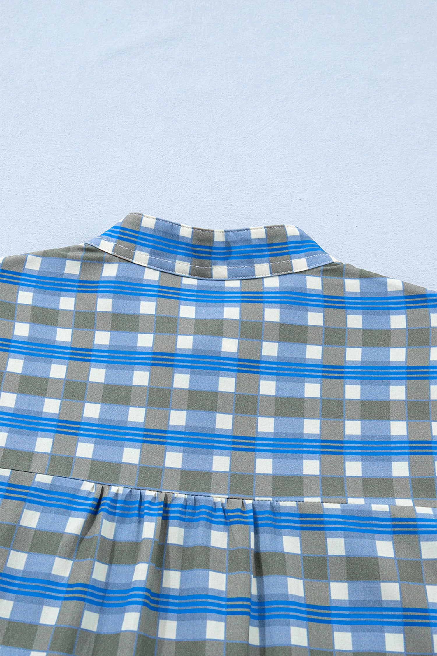 Sky Blue Plaid Long Sleeve Frilled Detail Half Button Blouse-Tops/Blouses & Shirts-[Adult]-[Female]-2022 Online Blue Zone Planet