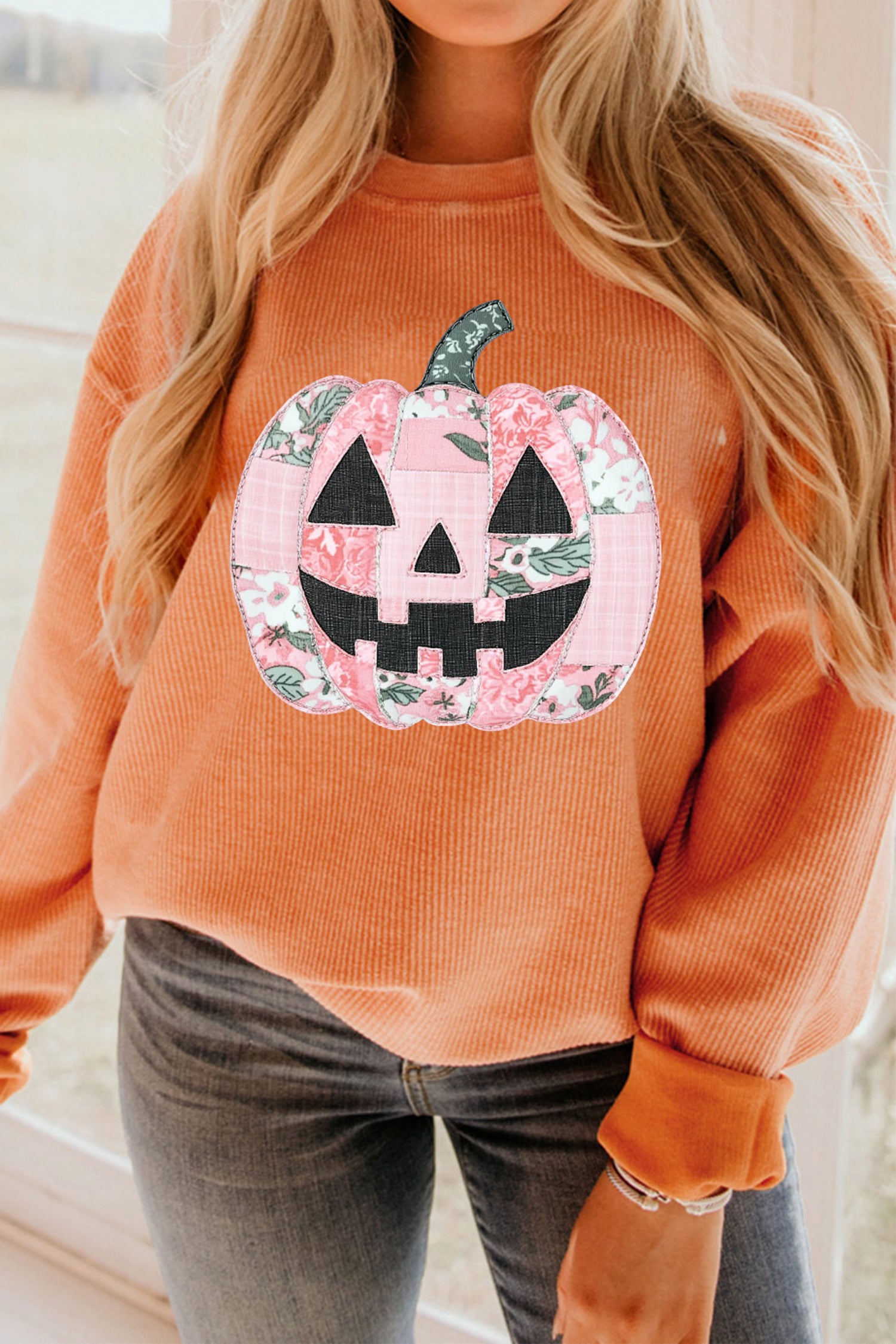 Orange Patchwork Pumpkin Graphic Corded Ribbed Round Neck Tunic Sweatshirt-Graphic/Graphic Sweatshirts-[Adult]-[Female]-Orange-3-S-2022 Online Blue Zone Planet