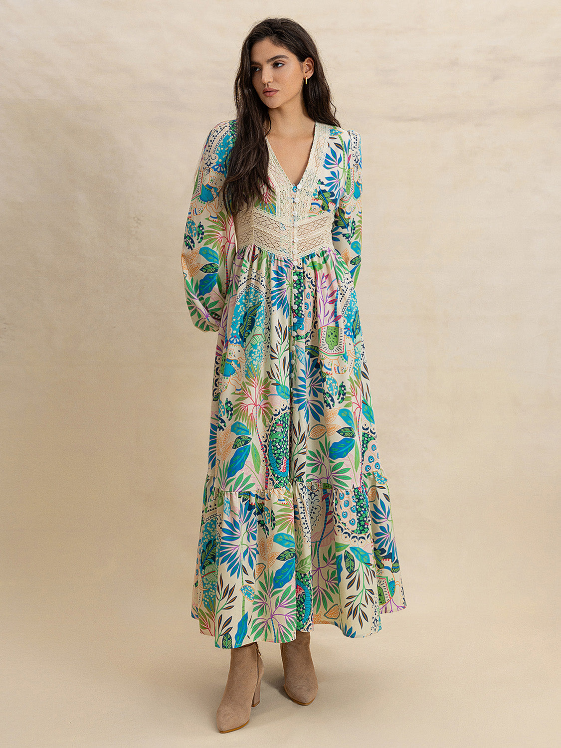 Slit Printed V-Neck Long Sleeve Midi Dress-TOPS / DRESSES-[Adult]-[Female]-2022 Online Blue Zone Planet