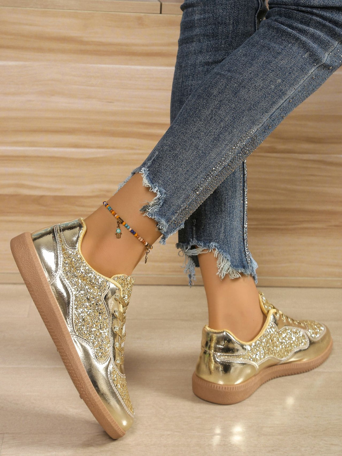 Sequin PU Leather Flat Sneakers-SHOES-[Adult]-[Female]-2022 Online Blue Zone Planet