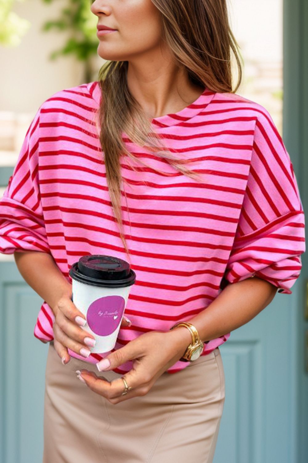 Striped Round Neck Long Sleeve Sweatshirt-TOPS / DRESSES-[Adult]-[Female]-Fuchsia Pink-S-2022 Online Blue Zone Planet