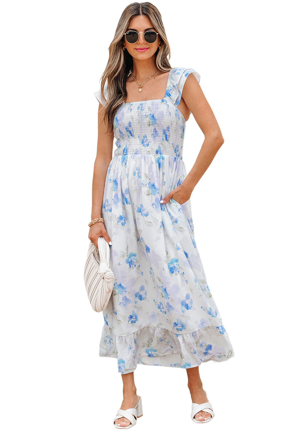 Sky Blue Floral Smocked High Waist Double Ruffle Sleeveless Long Dress-TOPS / DRESSES-[Adult]-[Female]-2022 Online Blue Zone Planet