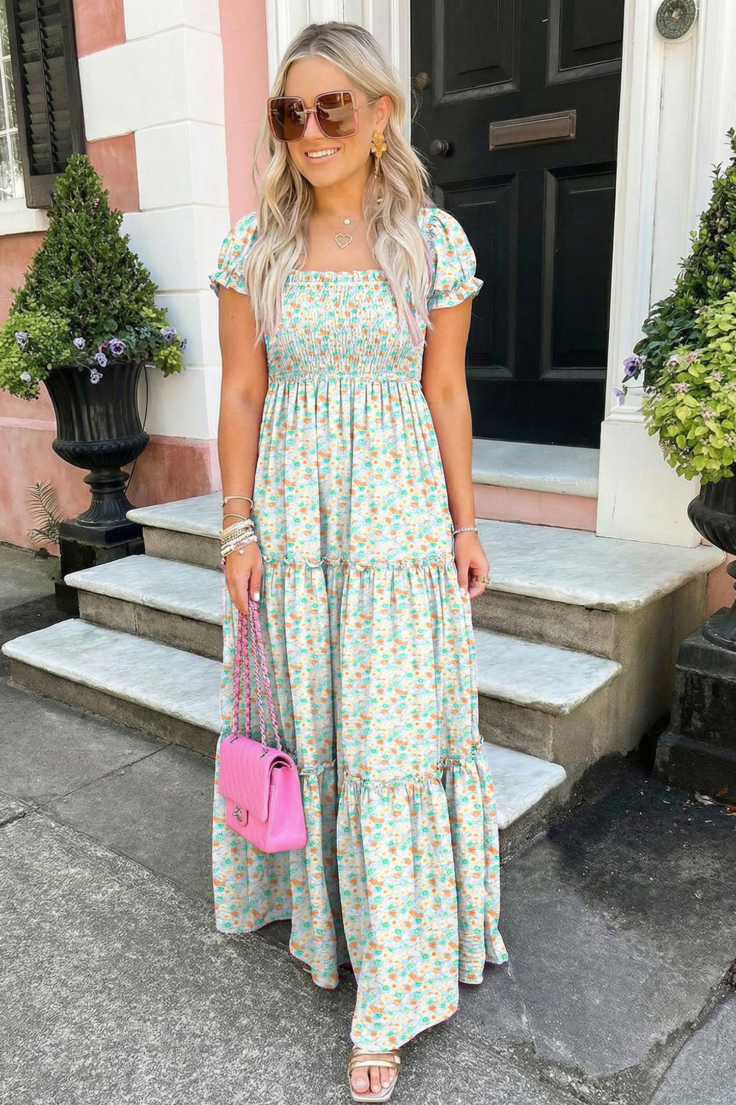 Green Floral Short Bubble Sleeve Shirred High Waist Maxi Dress-TOPS / DRESSES-[Adult]-[Female]-2022 Online Blue Zone Planet