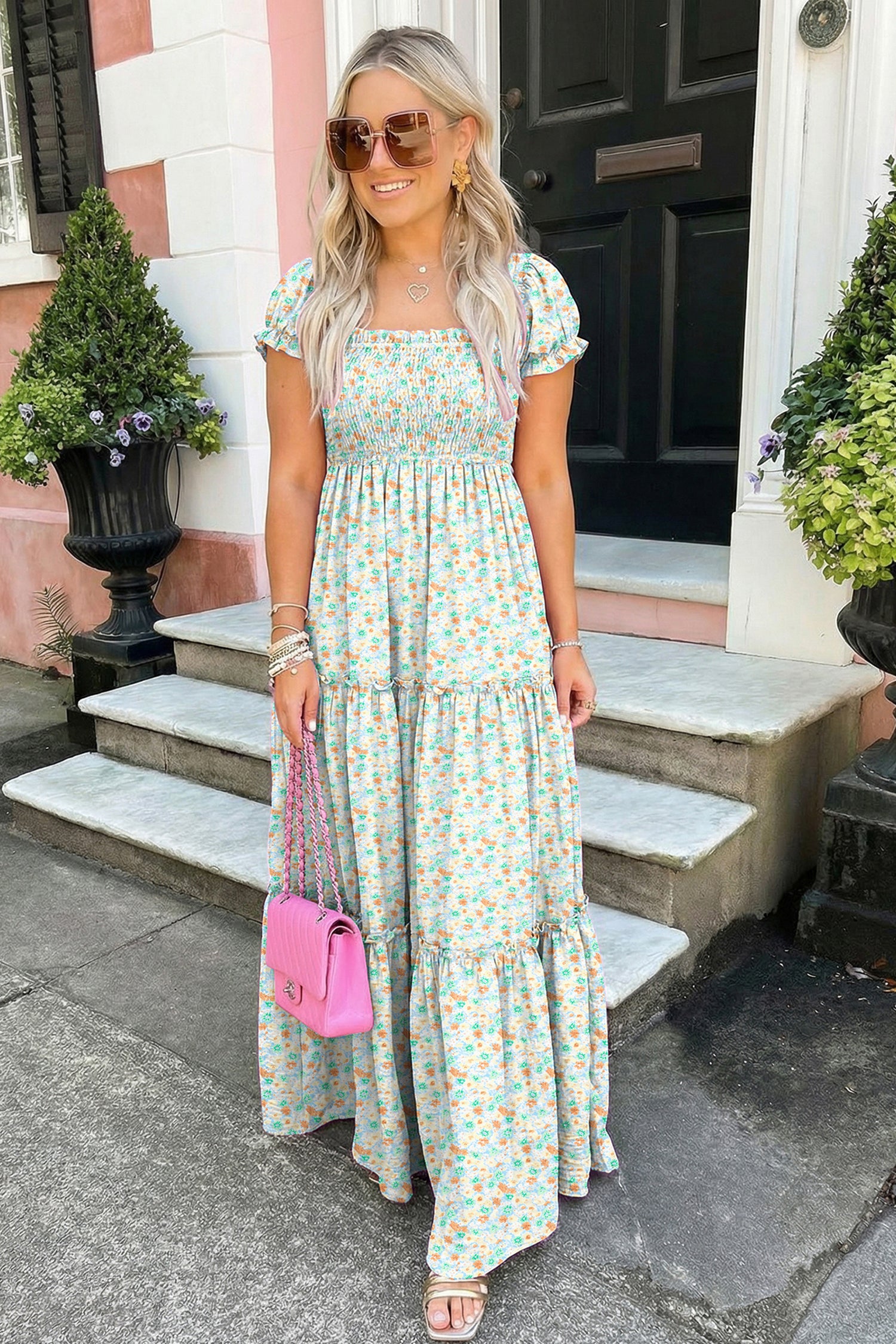 Green Floral Short Bubble Sleeve Shirred High Waist Maxi Dress-TOPS / DRESSES-[Adult]-[Female]-2022 Online Blue Zone Planet