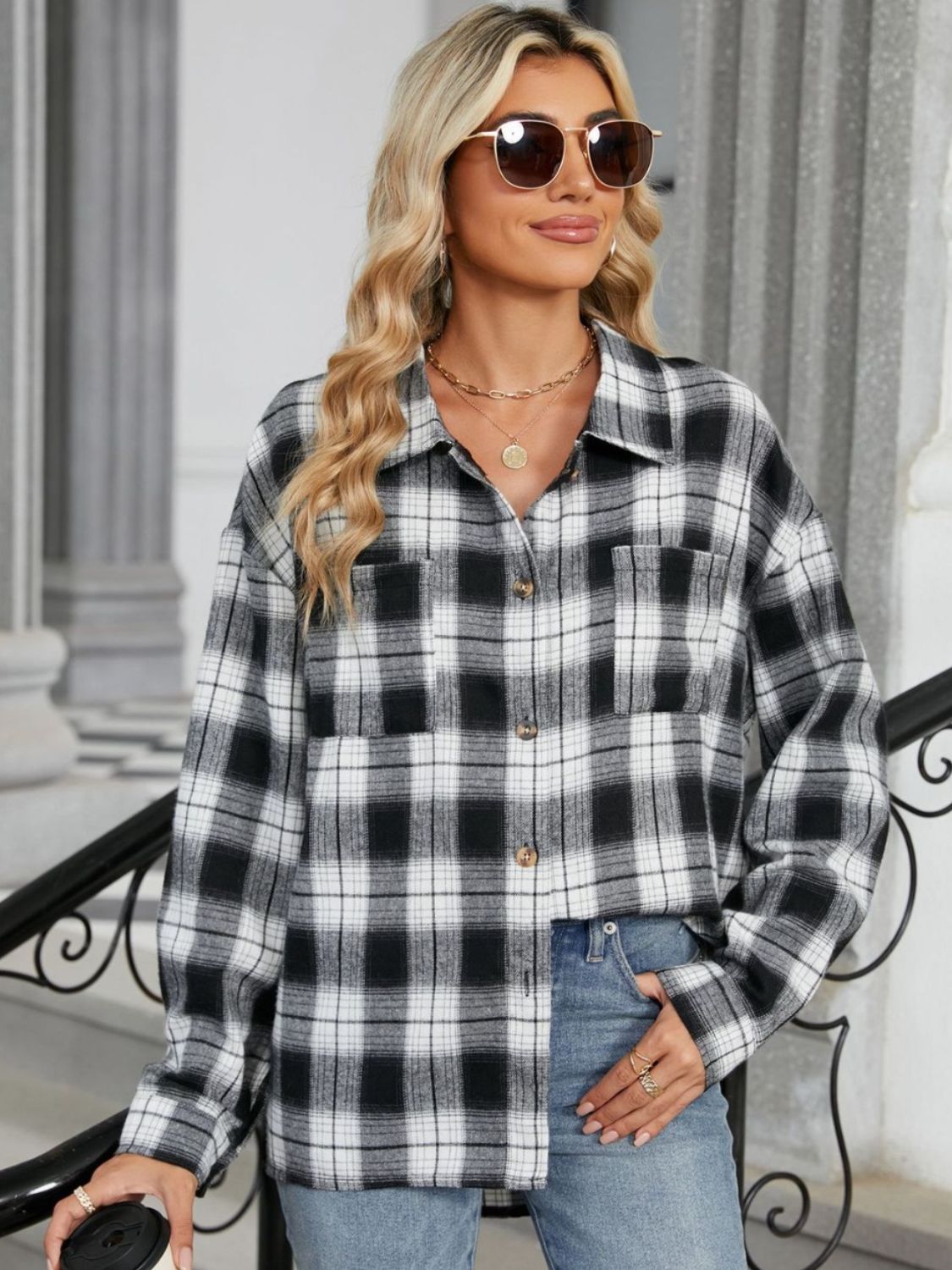 Plaid Collared Neck Long Sleeve Shirt-TOPS / DRESSES-[Adult]-[Female]-2022 Online Blue Zone Planet