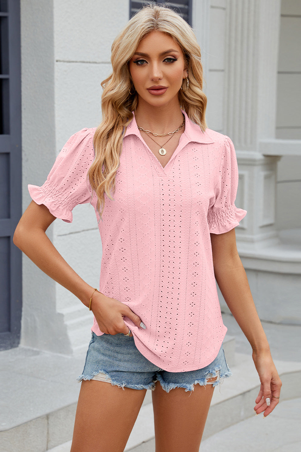 Eyelet Johnny Collar Short Sleeve Blouse-TOPS / DRESSES-[Adult]-[Female]-2022 Online Blue Zone Planet