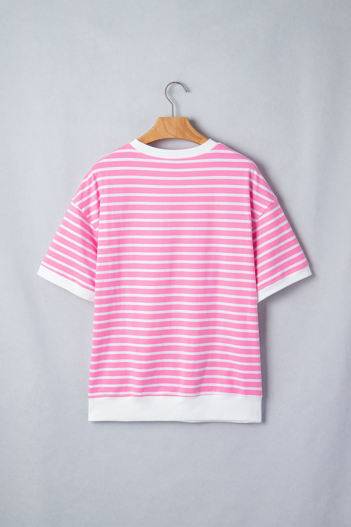 Pink Stripe Round Neck Drop Shoulder Short Sleeve Loose Top-Tops/Tops & Tees-[Adult]-[Female]-2022 Online Blue Zone Planet