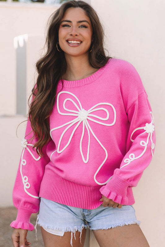 Bright Pink Corded Flower Bow Ribbed Trim Casual Sweater-TOPS / DRESSES-[Adult]-[Female]-Bright Pink-S-2022 Online Blue Zone Planet