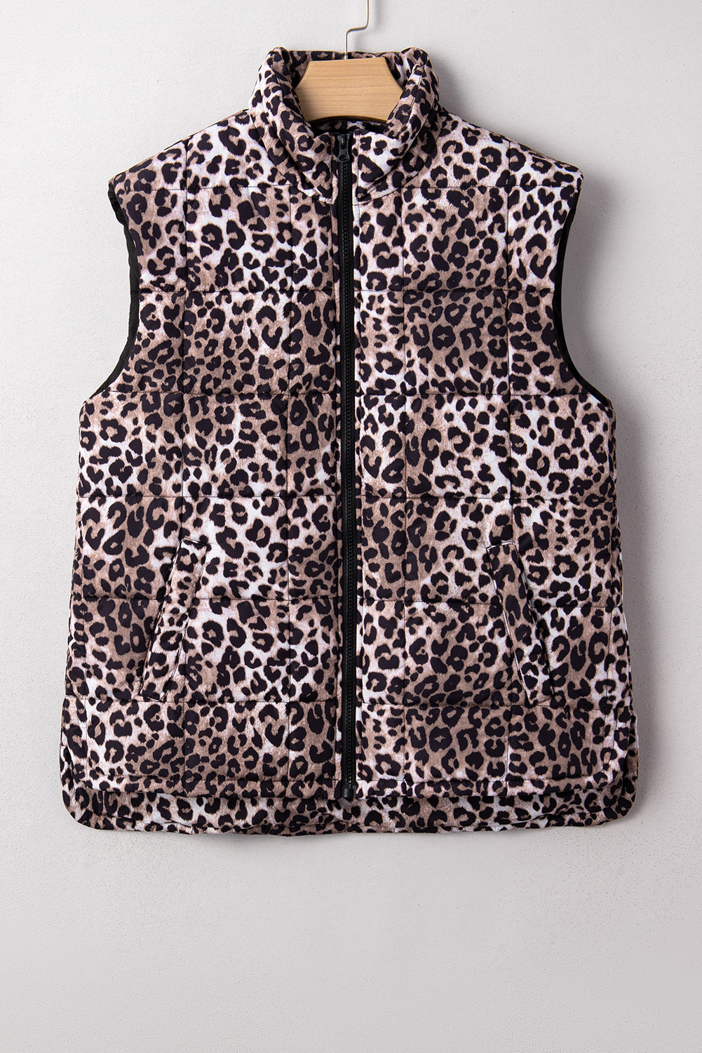 Brown Leopard Quilted Full Zipper Casual Puff Vest-Outerwear/Vests-[Adult]-[Female]-2022 Online Blue Zone Planet