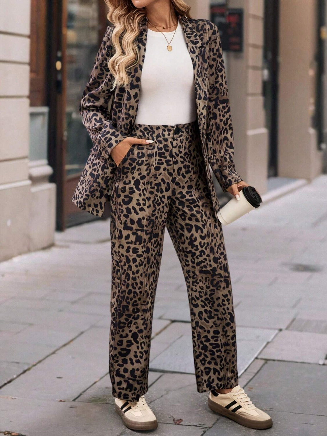 Full Size Leopard Lapel Collar Long Sleeve Blazer and Pants Set-TOPS / DRESSES-[Adult]-[Female]-2022 Online Blue Zone Planet