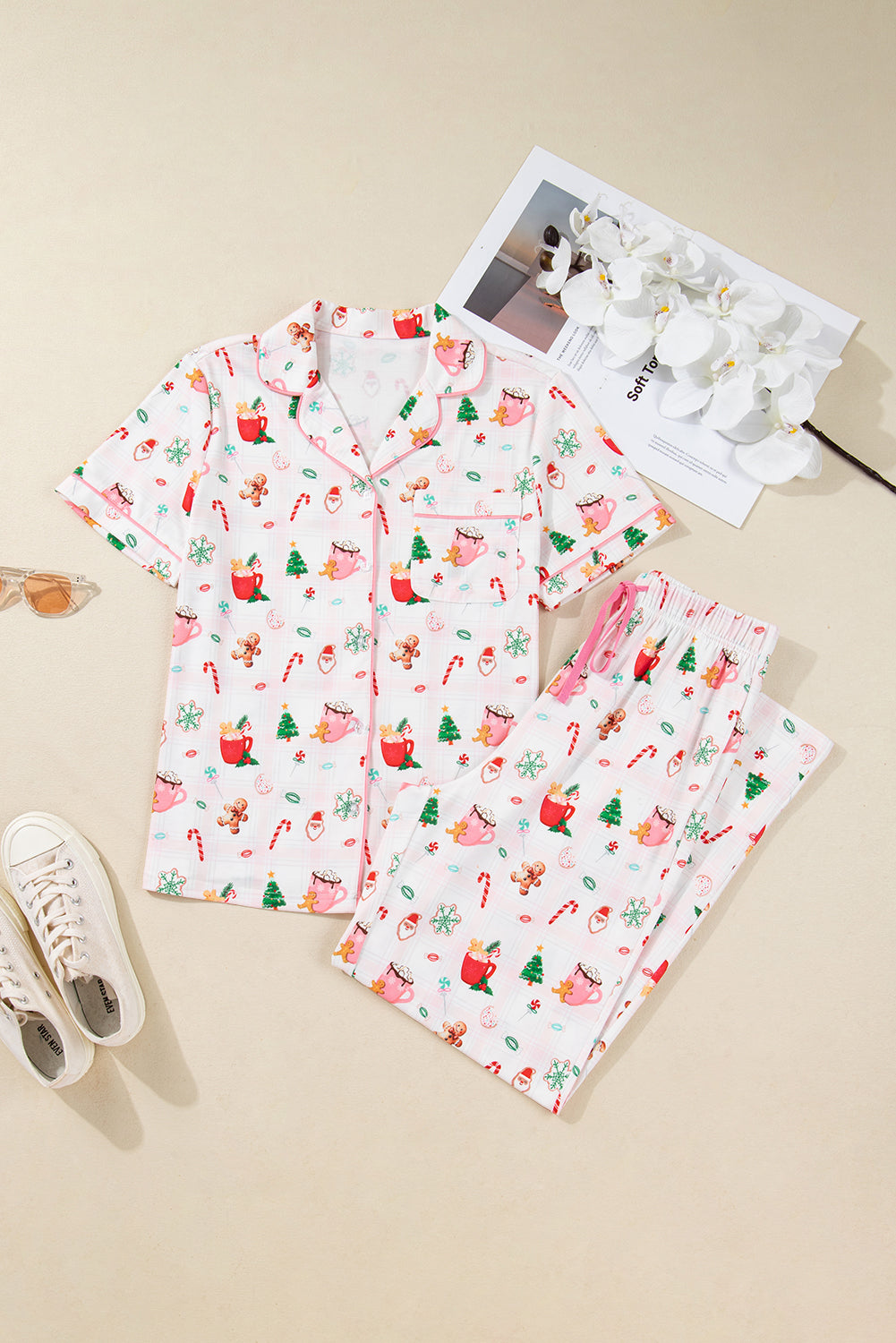 Pink Christmas Spirit Cute Holiday Print Short Sleeve Shirt and Pants Pajama Set-Loungewear Set-[Adult]-[Female]-2022 Online Blue Zone Planet