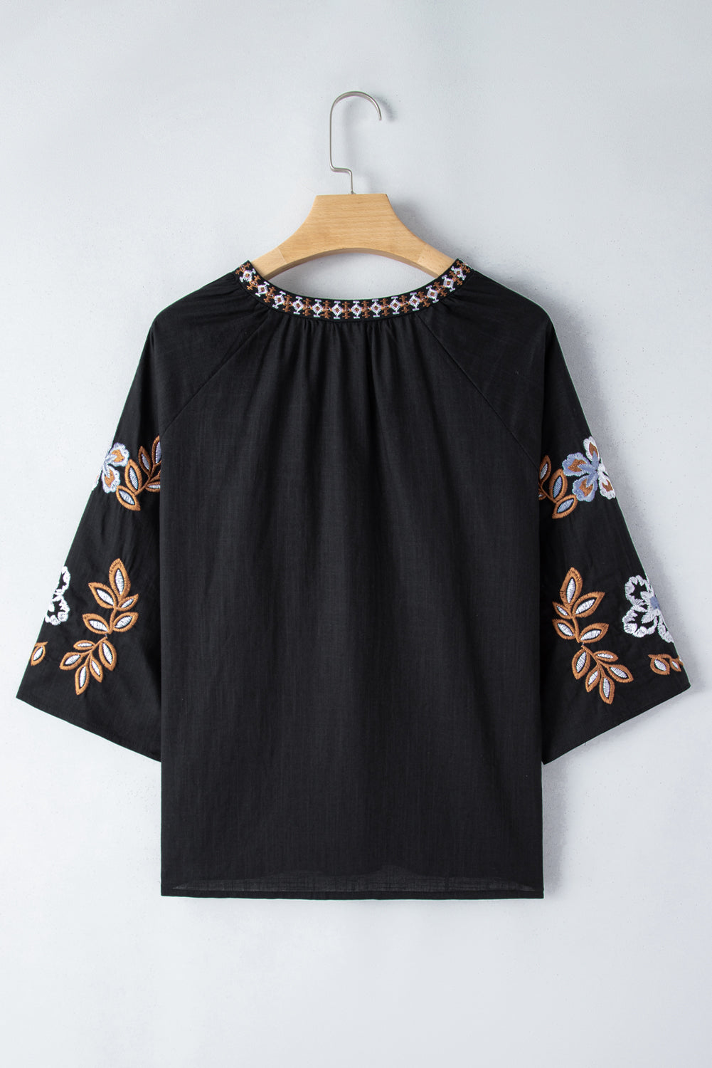 Blue Zone Planet | Black Bohemian Floral Embroidered V Neck Blouse-TOPS / DRESSES-[Adult]-[Female]-2022 Online Blue Zone Planet