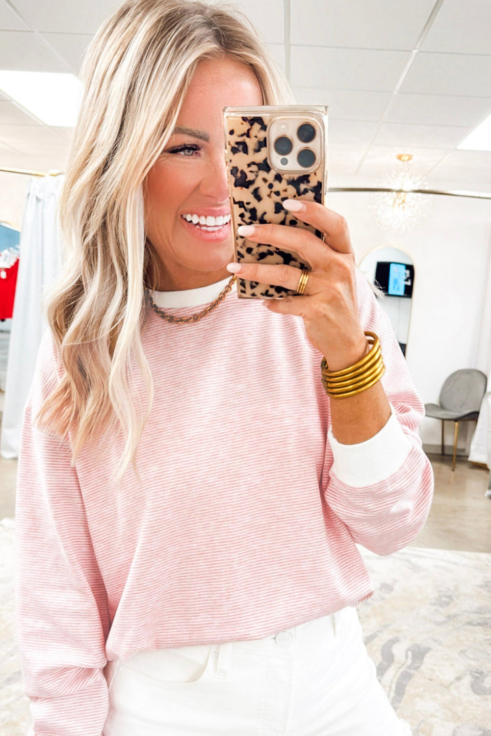 Pink Stripe Contrast Edge Patchwork Long Sleeve Top-Tops/Long Sleeve Tops-[Adult]-[Female]-2022 Online Blue Zone Planet