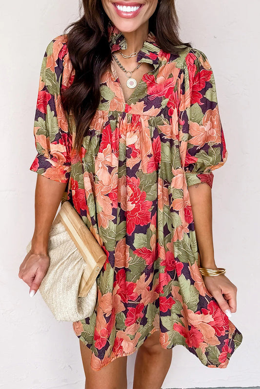 Green Floral Print Frilled Collar V Neck Half Sleeve Mini Dress-TOPS / DRESSES-[Adult]-[Female]-Green-S-2022 Online Blue Zone Planet