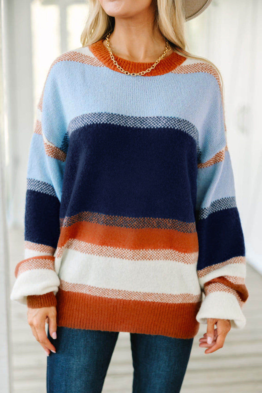Dark Blue Color Block Round Neck Tunic Sweater-Sweaters & Cardigans/Sweaters-[Adult]-[Female]-2022 Online Blue Zone Planet